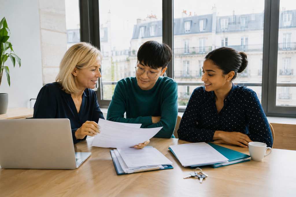 Conseillère préparant un dossier logement avec deux étudiants internationaux