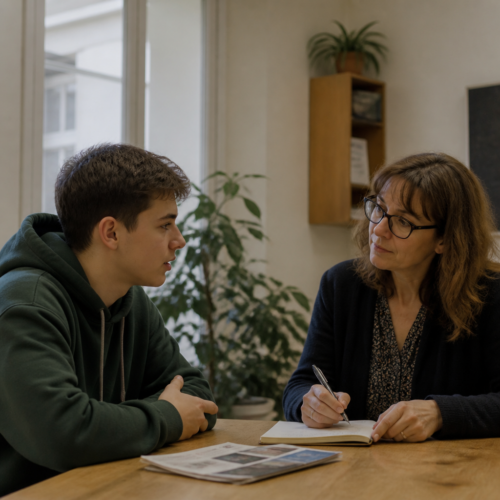 Conseillère à l'écoute des besoins de logement d'un étudiant, prise de notes