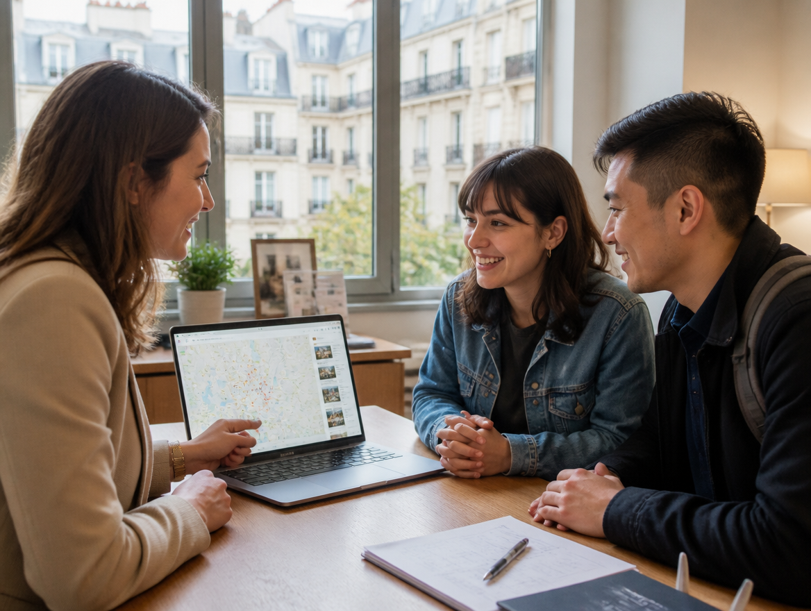 Conseillère montrant une carte de recherche de logement à deux étudiants souriants dans un bureau parisien lumineux