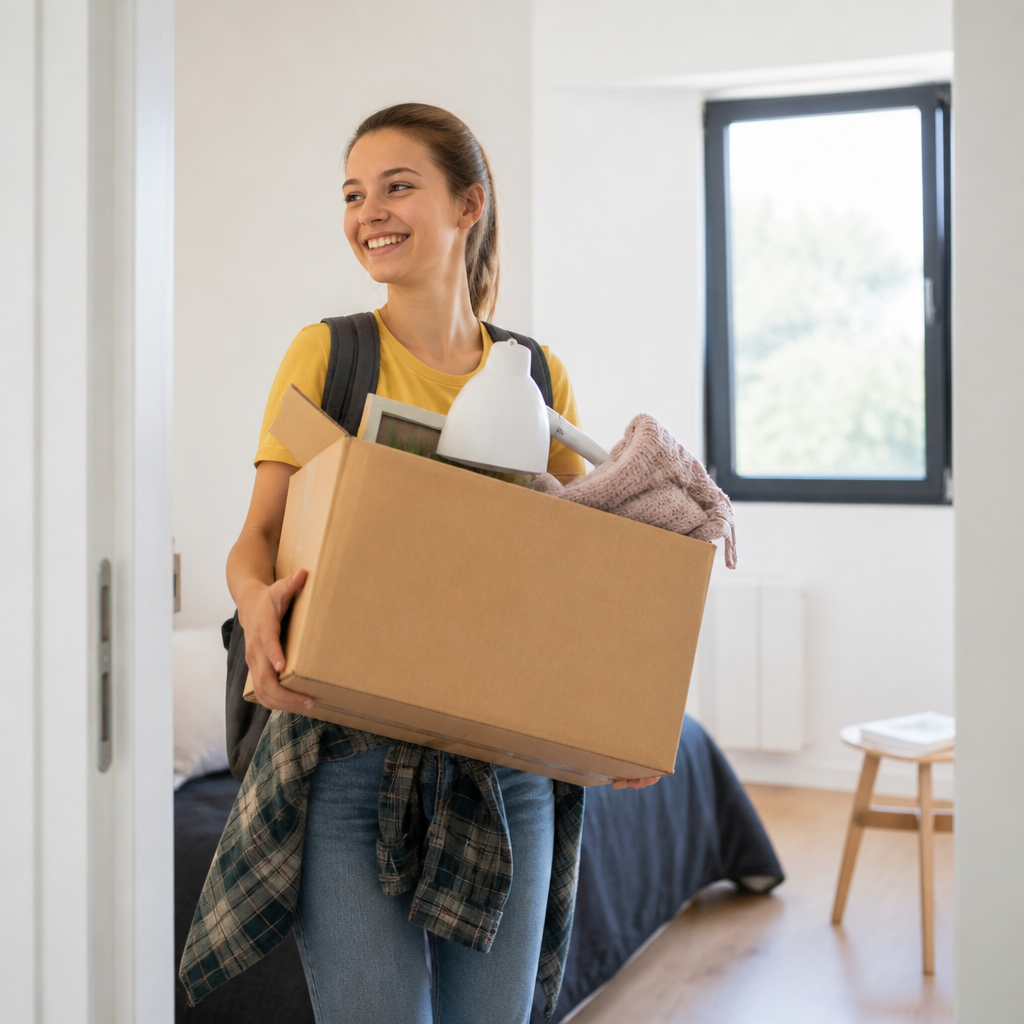 Étudiante souriante portant un carton lors de son emménagement dans son nouveau logement