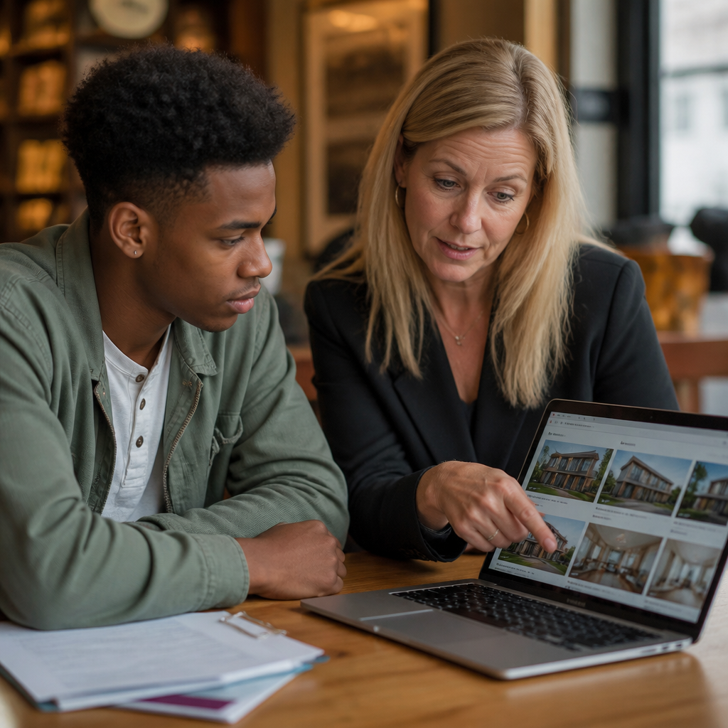 Conseiller et étudiant consultant ensemble des annonces de logement sur un ordinateur portable