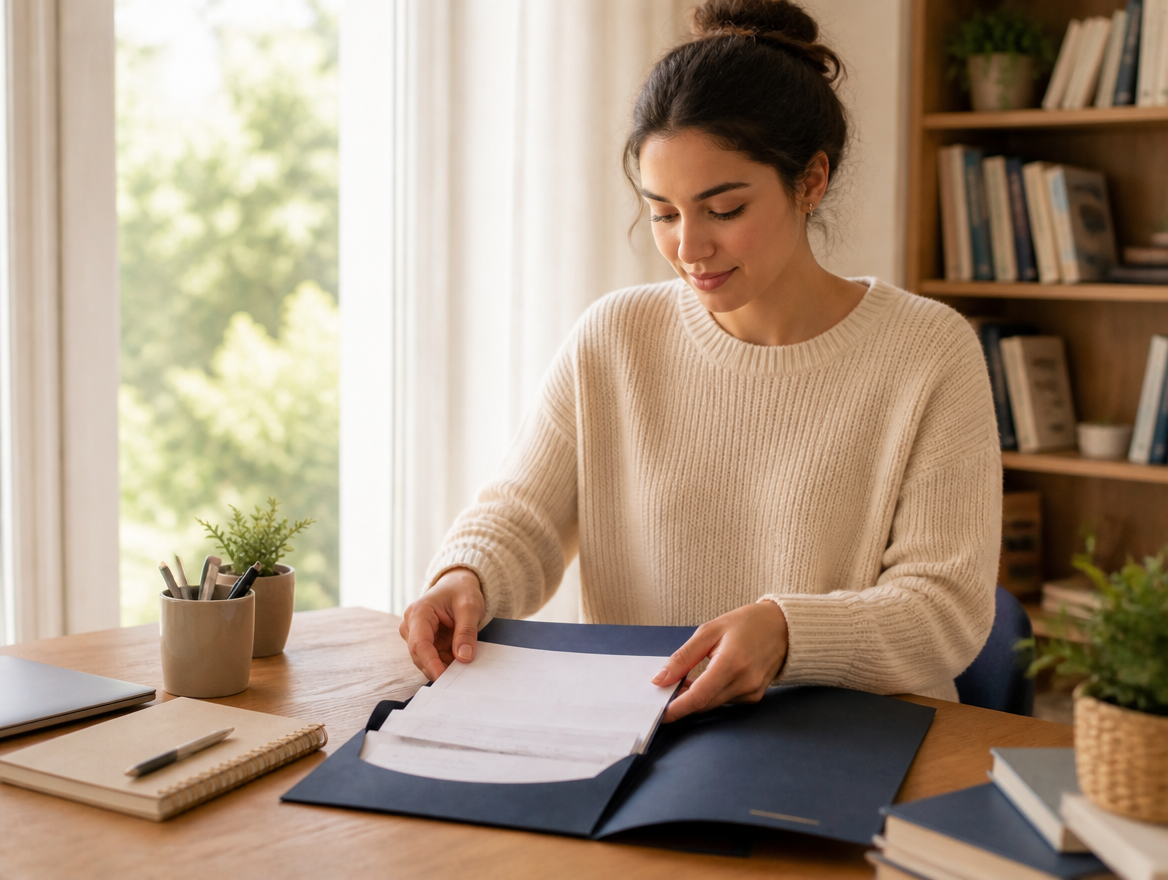 Étudiant préparant avec soin son dossier de location, documents et bureau en bois